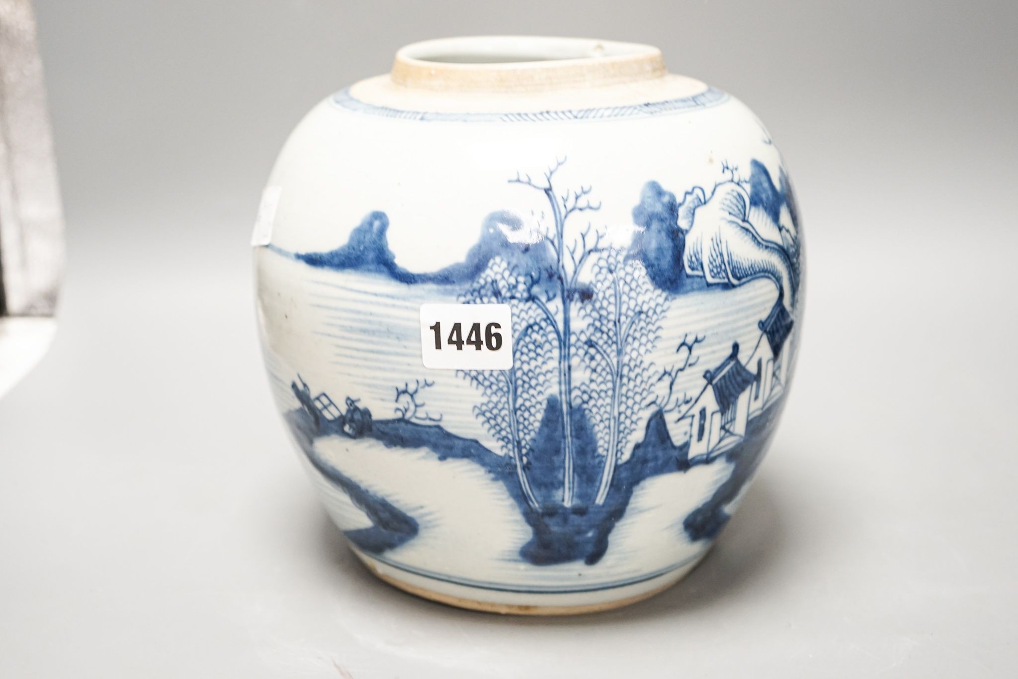 A Chinese blue and white ‘landscape’ jar, early 18th century, 21cm